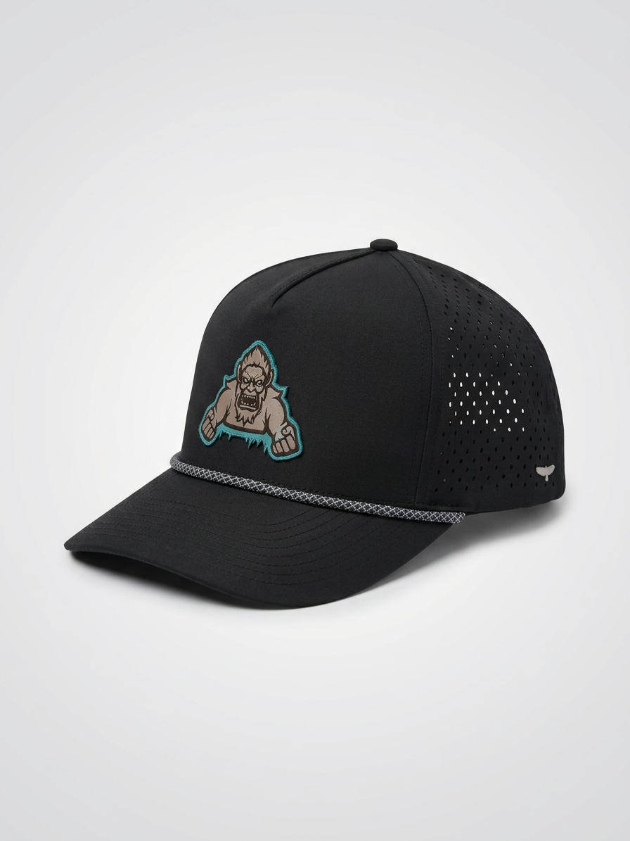 The Yeti Hat | Black Snapback | Perforated Performance Hat with Yeti Patch
