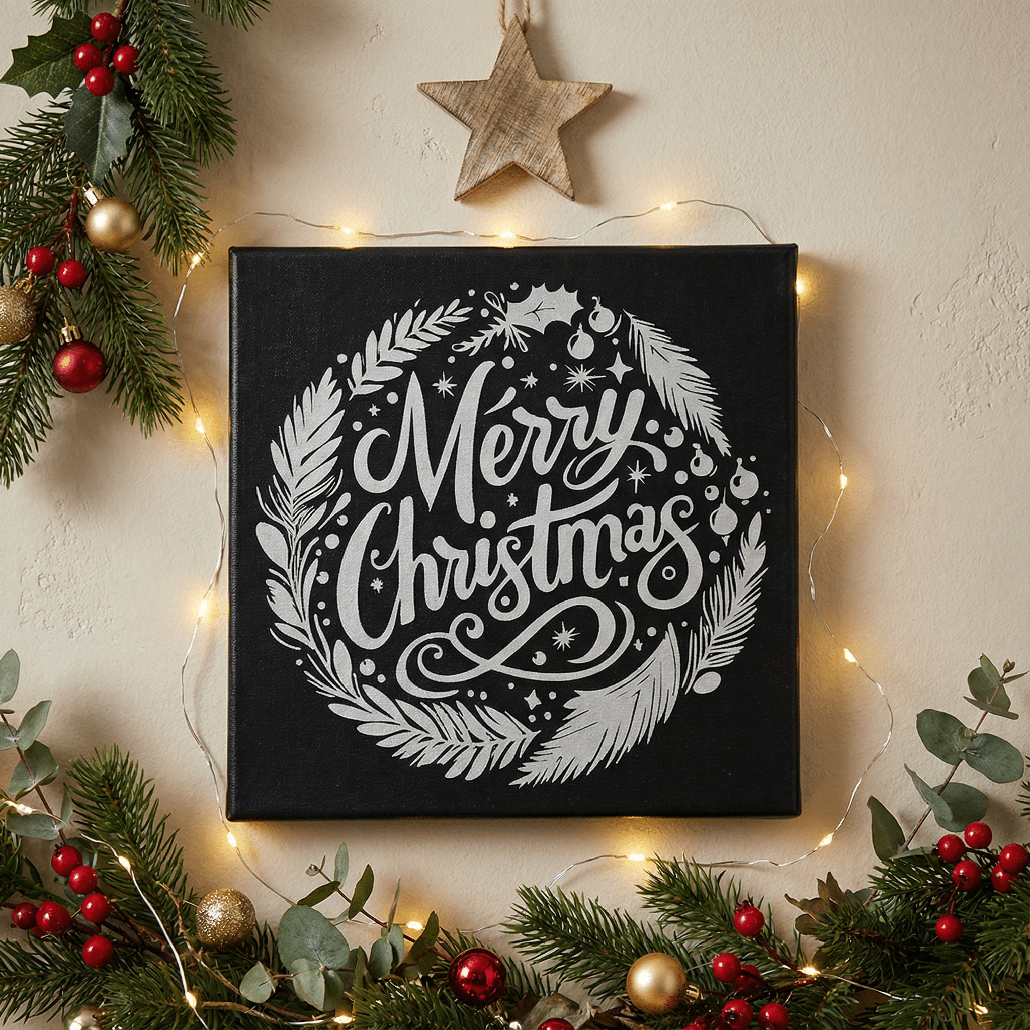 Merry Christmas Wreath Laser Etched Canvas Art | 8x8 Holiday Décor